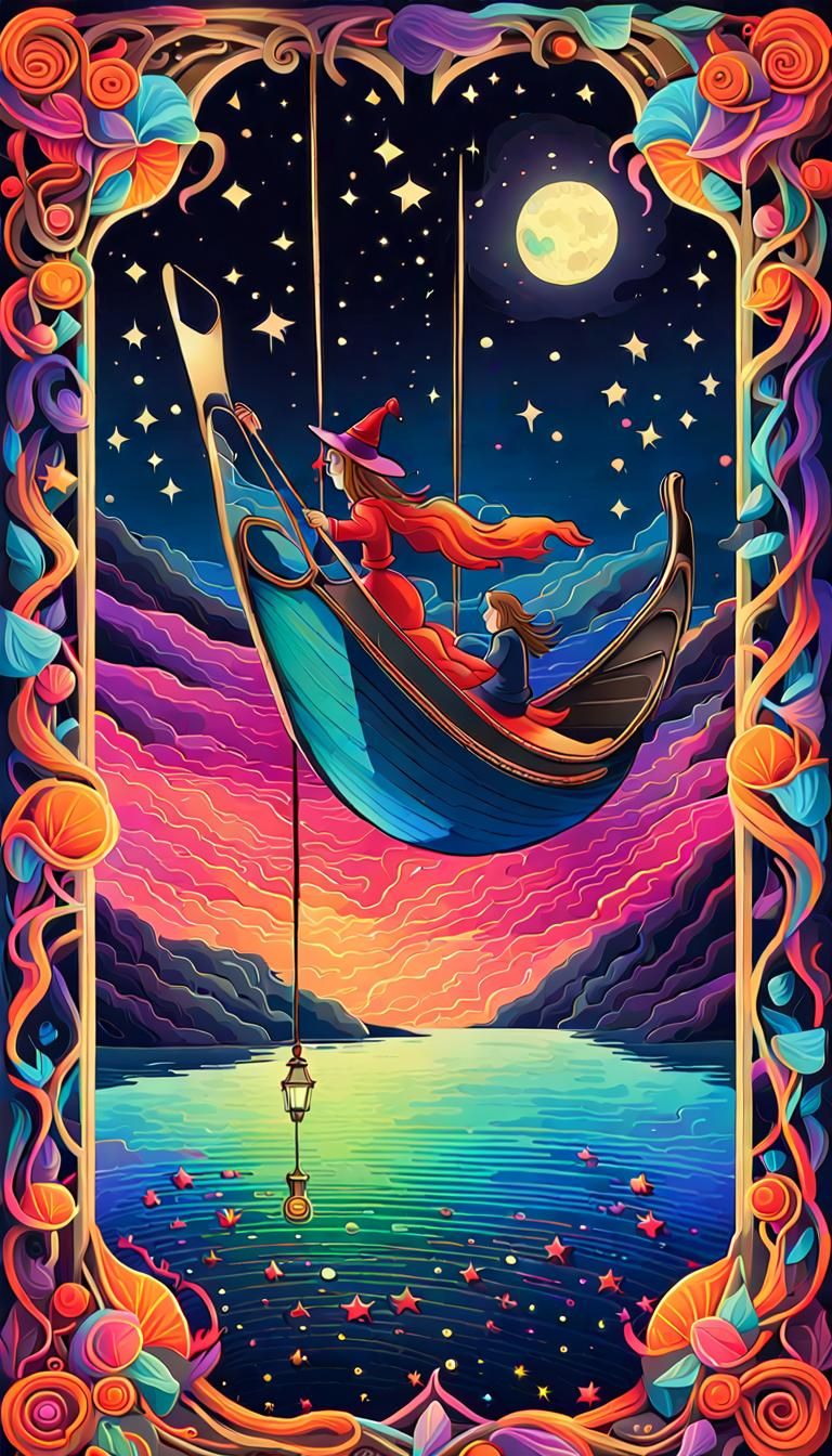 Elegant Witch on Iridescent River of Stars