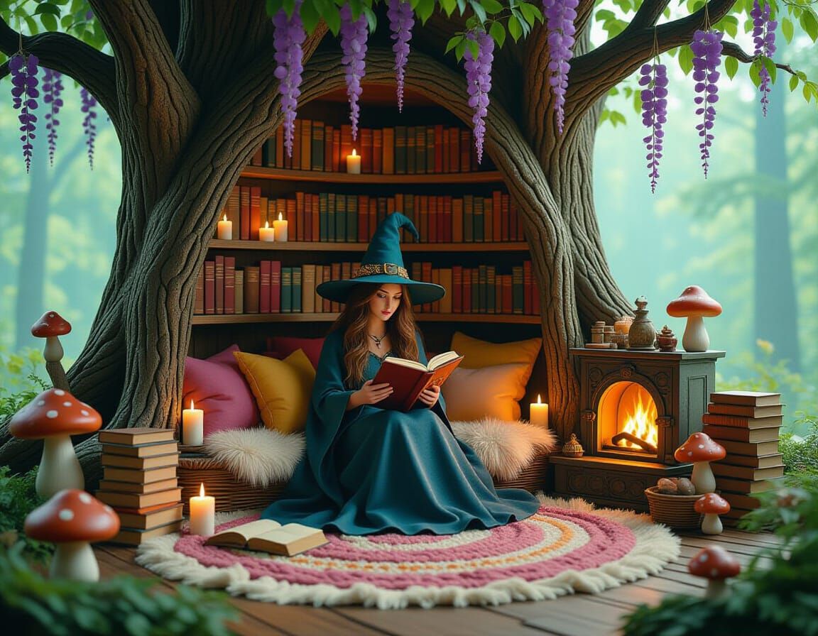 Witch's Cozy Tree Dwelling with Alchemy and Books