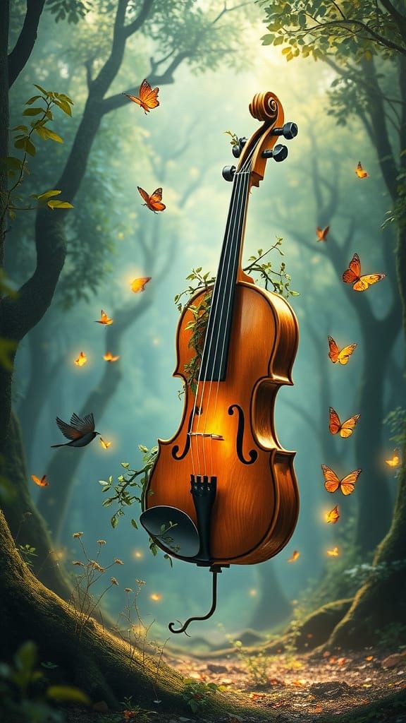 Surrealistic Forest Scene with a Glowing Elven Violin