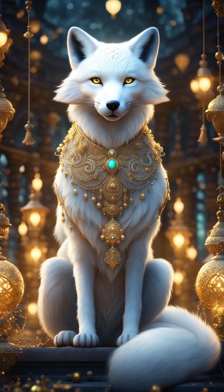 Mystical White Fox with Gold Ornaments