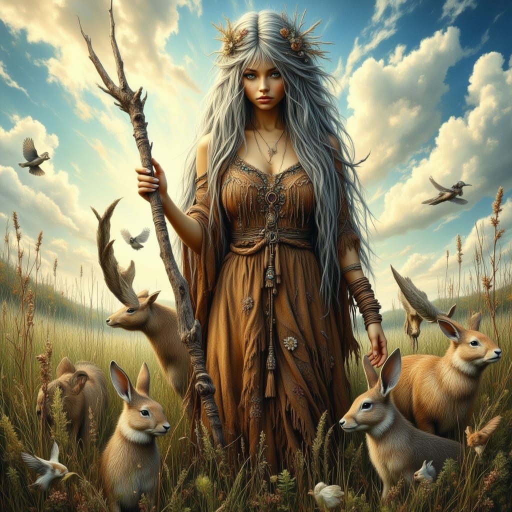 Young Crone in Meadow with Animals, Magical Realism Style