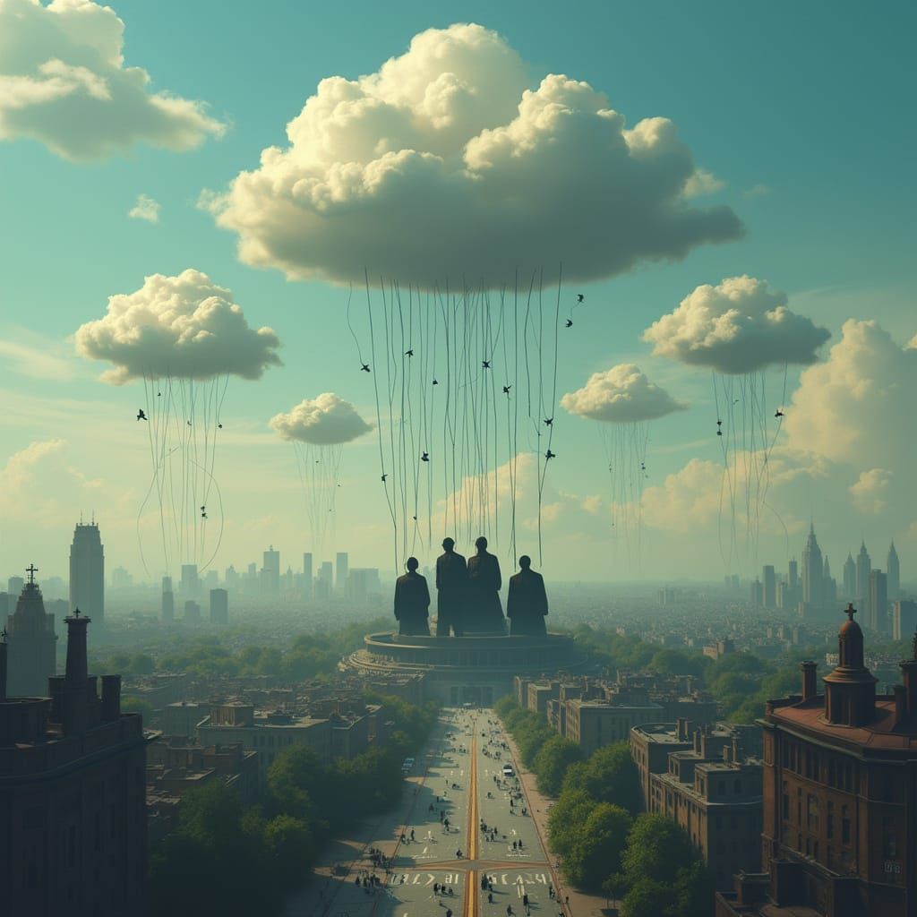 Surreal Cityscape with Wires and Clouds