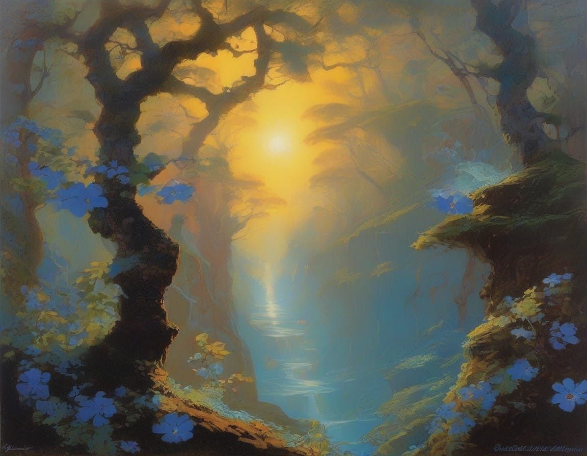 Vibrant Bloom in Dark Ravine, Impressionist Landscape