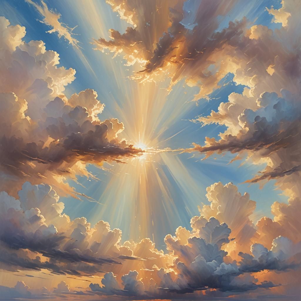 Heavenly Landscape Painting with Divine Light Beams