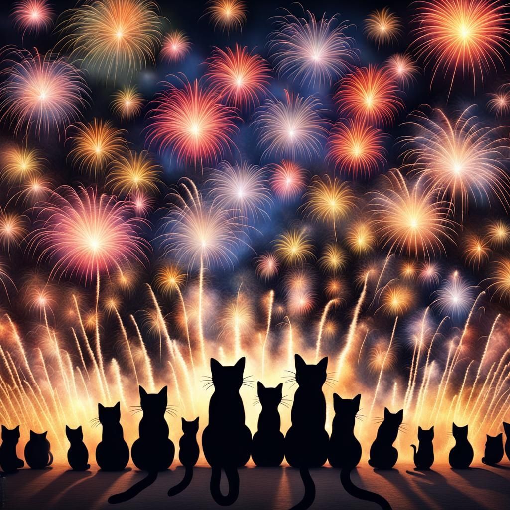 Cats in Awe of Fireworks: Surreal Photo