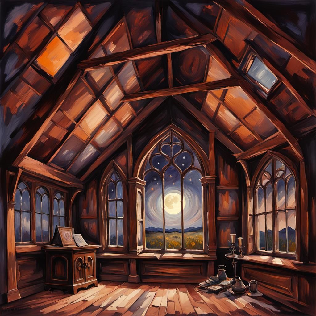 Gothic Attic in Gouache Style with Moonlit Window