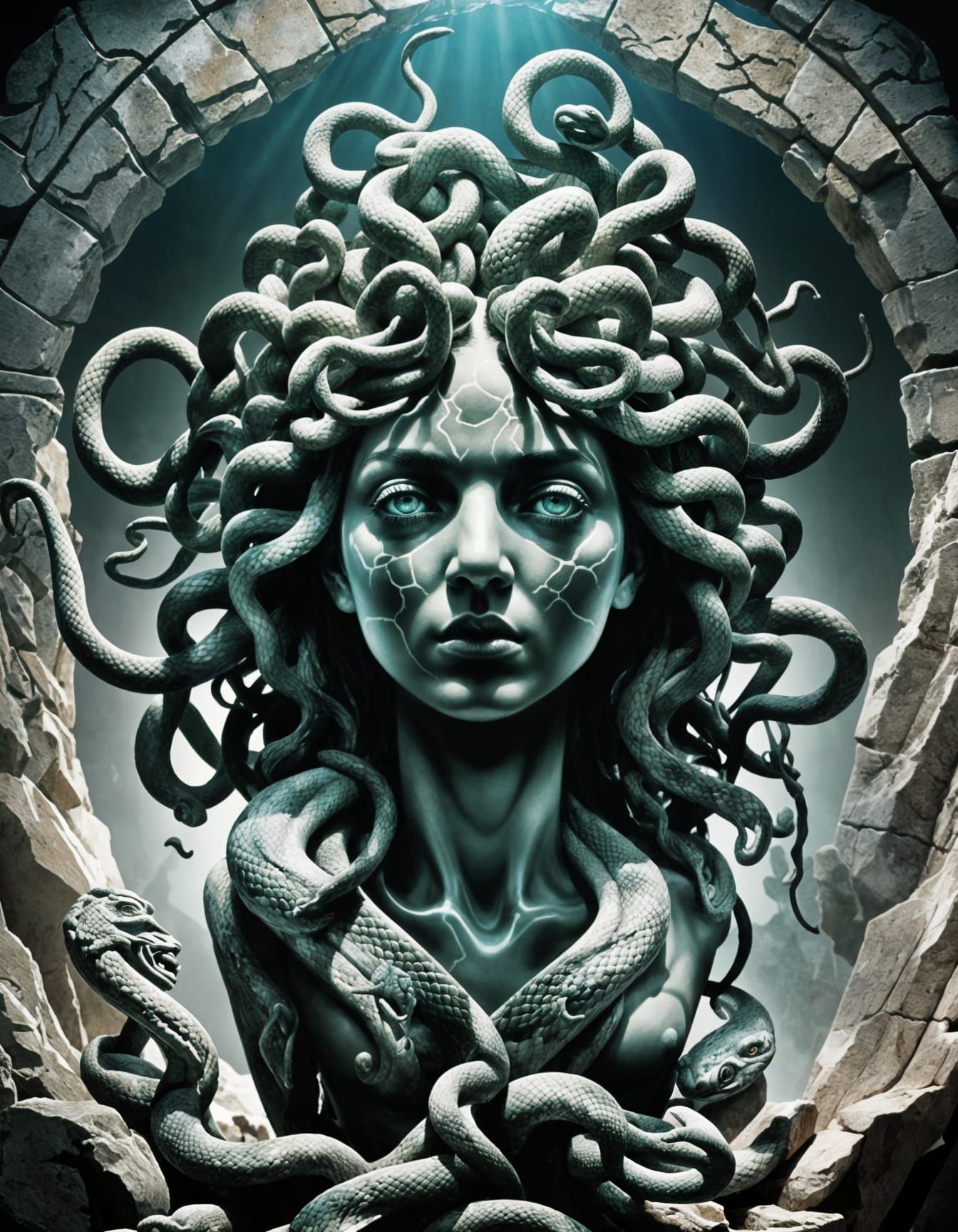 Medusa Silhouette in Double Exposure: Hyperrealistic Art