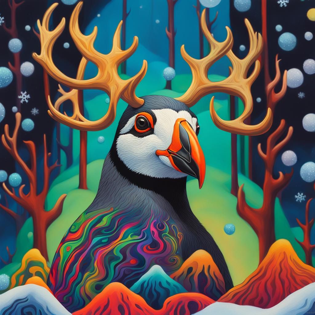 Psychedelic Christmas Puffin in Snowy Forest