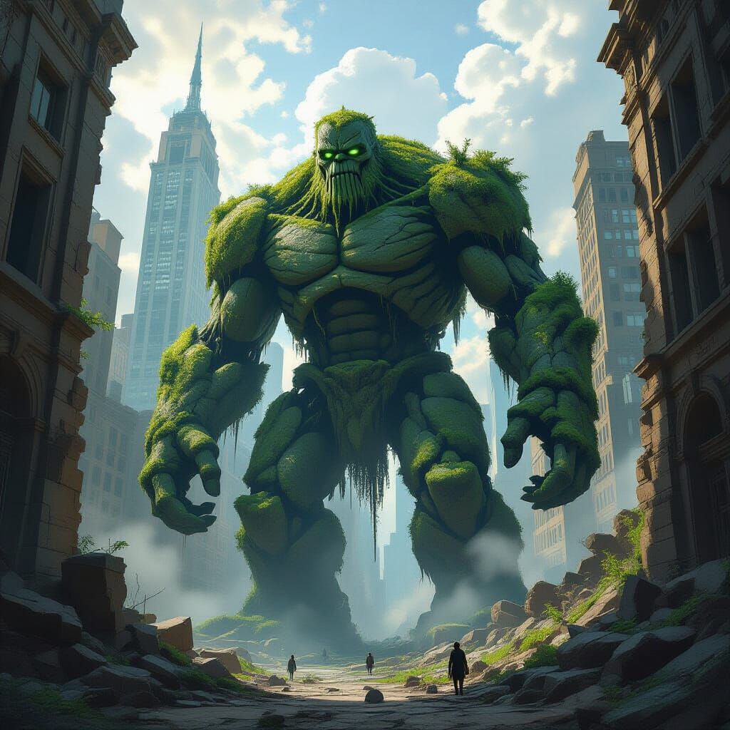 Ancient Golem Guards Ruined Cityscape