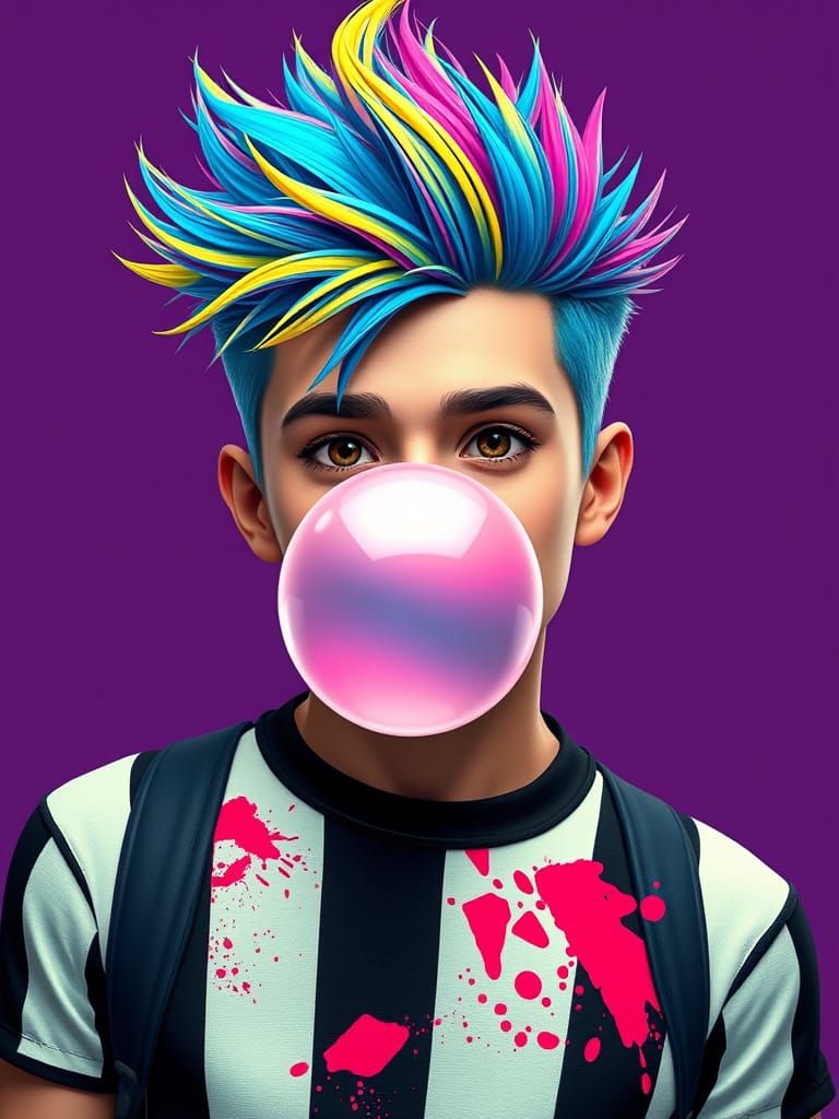 Vibrant 80's Pop Art Inspired Youth Blowing a Shiny Bubblegu...