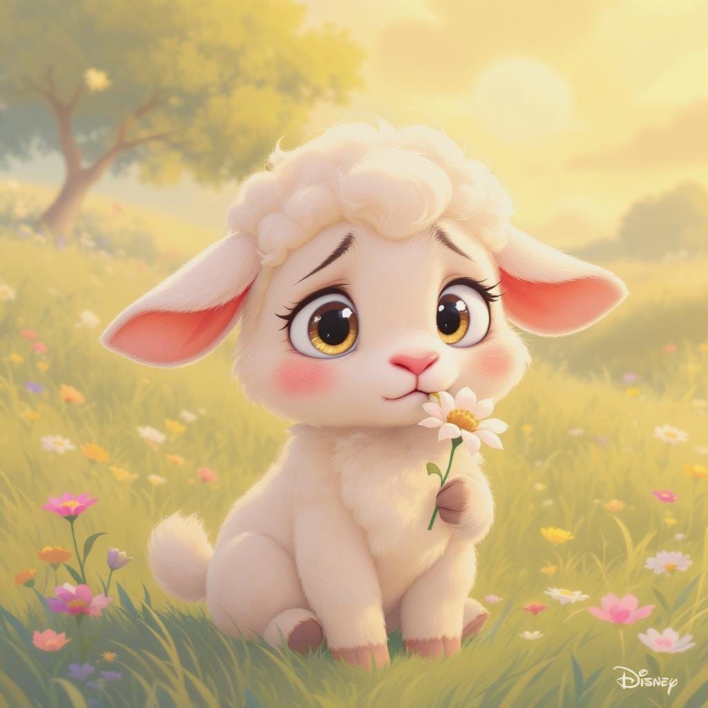 Anxious Cartoon Lamb Chewing Flower in Sunny Meadow