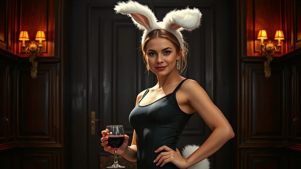 Elegant Woman in Bunny Ears with Wine, Dramatic Lighting