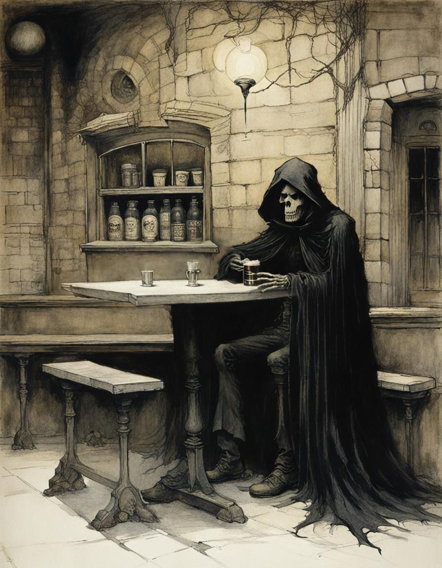 Death Drinks Coffee in Abandoned Shop, Gothic Art