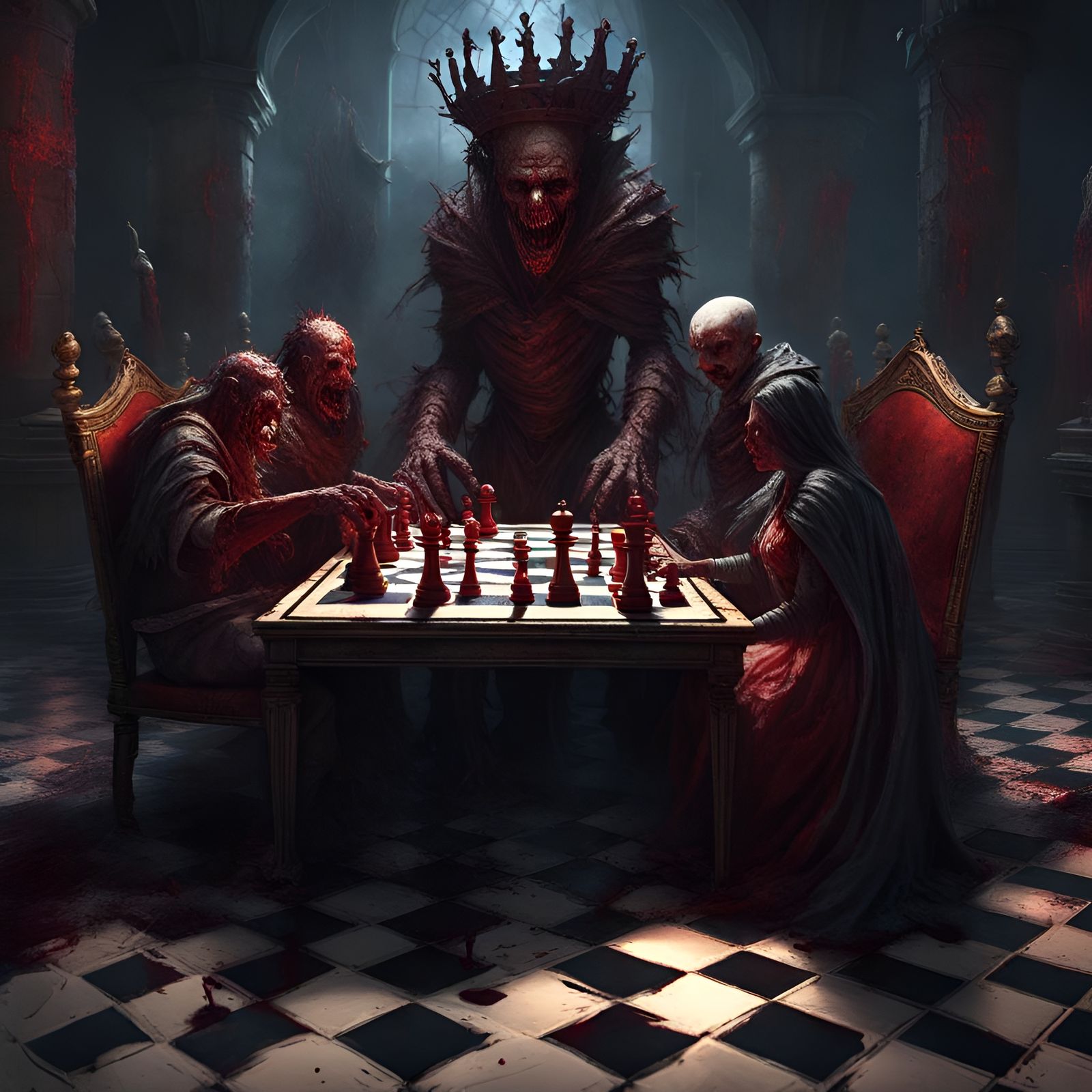 Haunted Chessboard with Human Pieces: Dark Fantasy Art