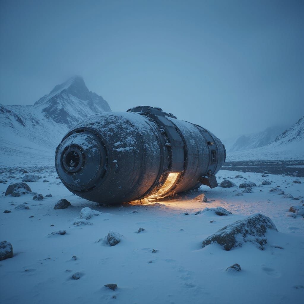 Wrecked Alien Spaceship in Arctic Snowscape