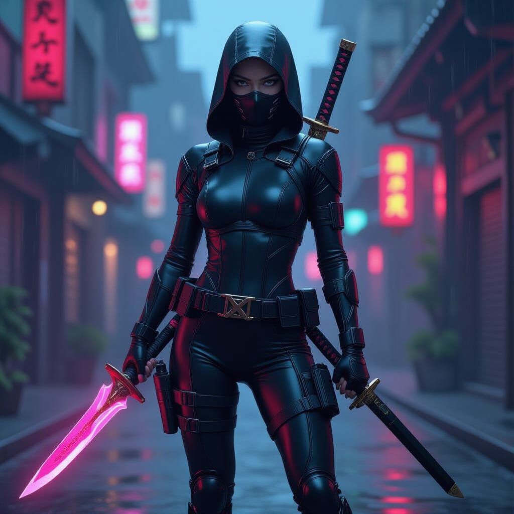Cyberpunk Ninja with Energy Blade and Katana