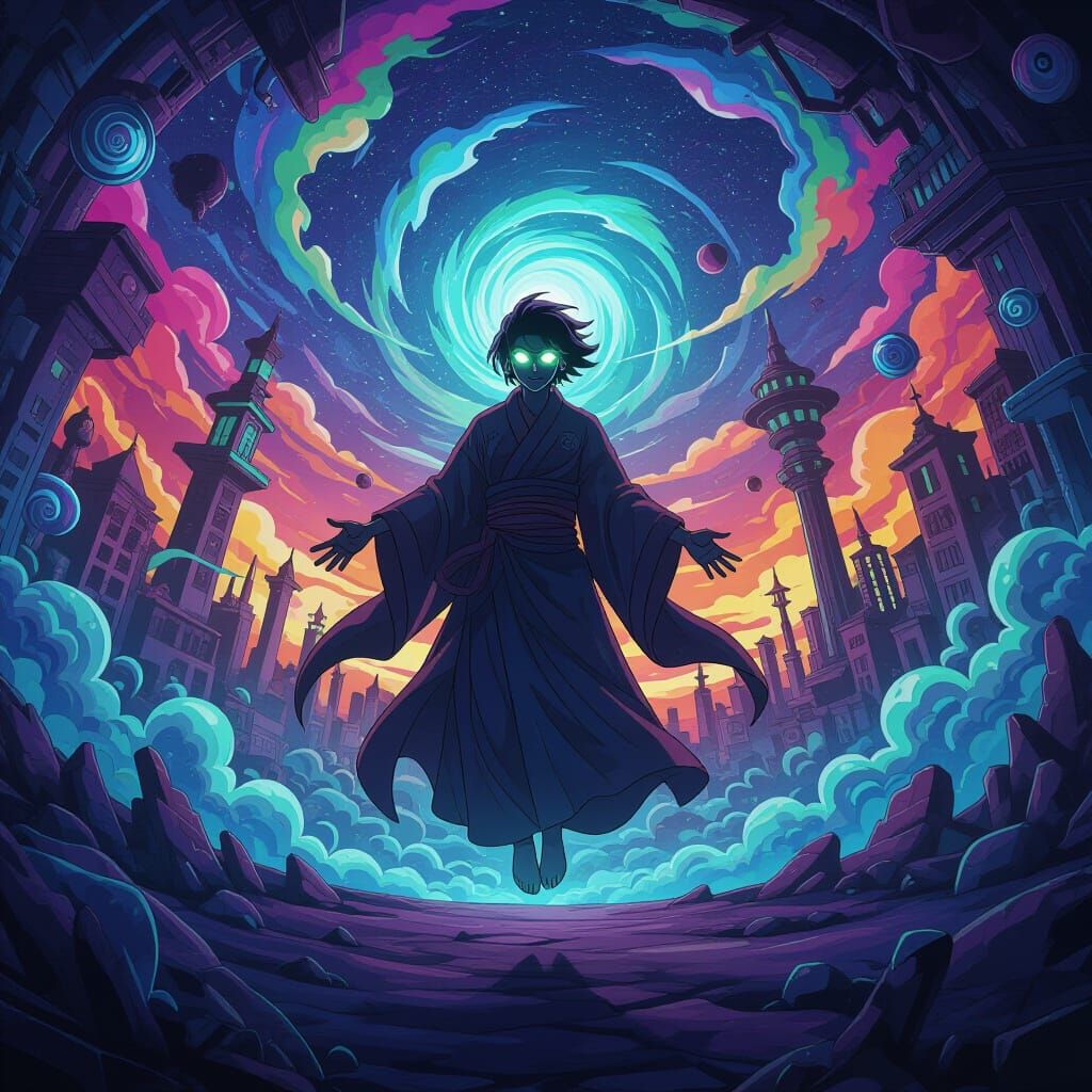 Mysterious Figure in Dreamlike Psychedelic Anime Landscape