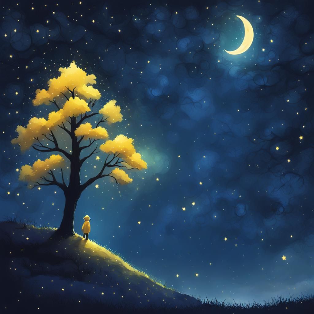 Boy Gazing at Stars in Whimsical Style