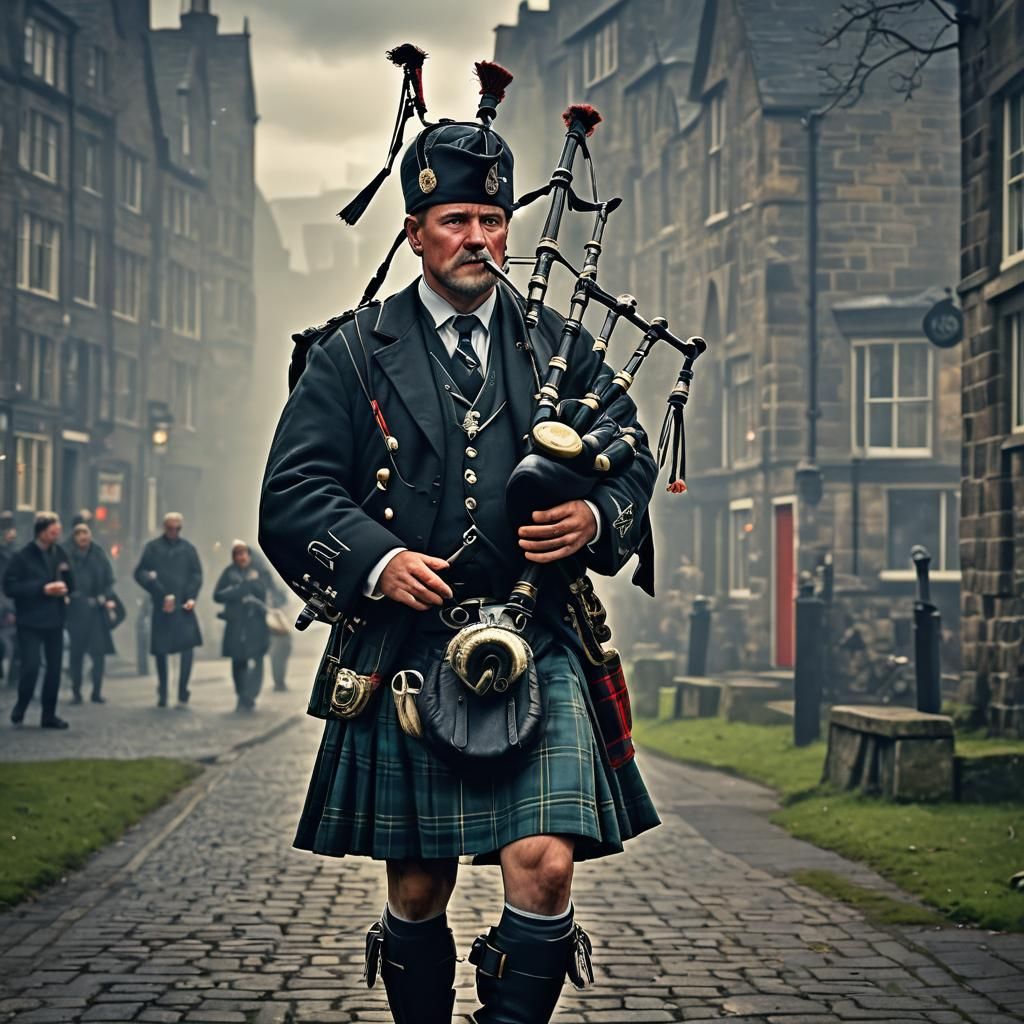 Hyperrealistic Scotsman Playing Bagpipes in HDR