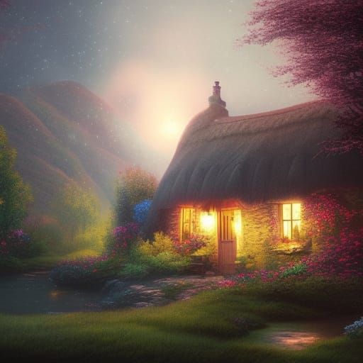 Whimsical Cottage at Night in a Dreamy Glen