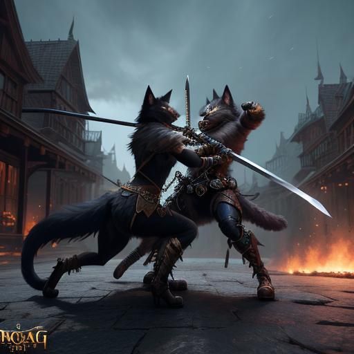 Furry Dog Girl vs Cat Girl Sword Fight