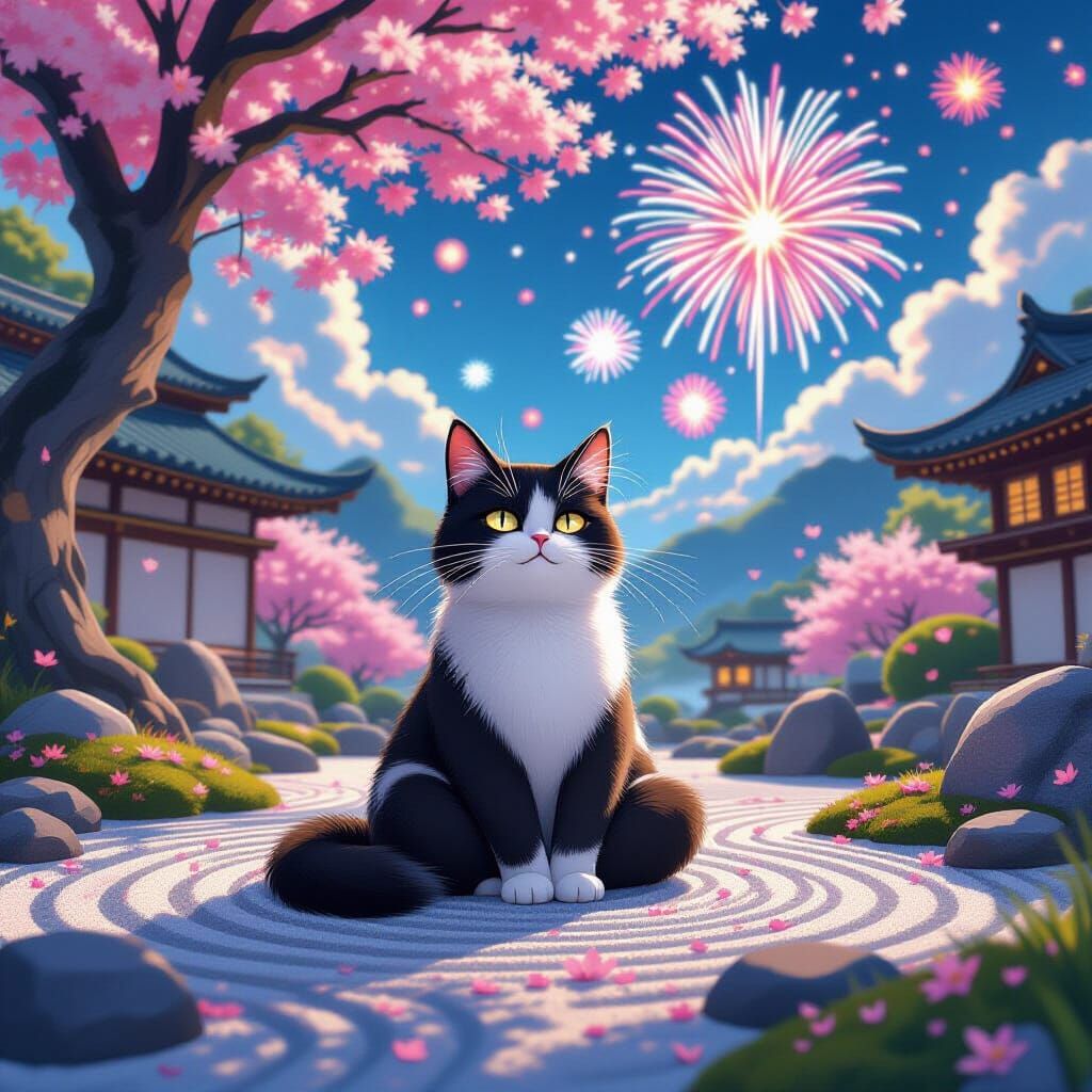 Zen Cat Meditating Under Fireworks, Anime Style