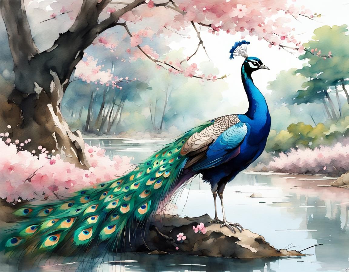Peacock in Japanese Wetlands: Watercolor Calligraphy Style