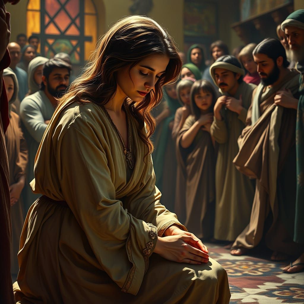 Woman Kneeling Before Jesus in Hyperrealistic Style