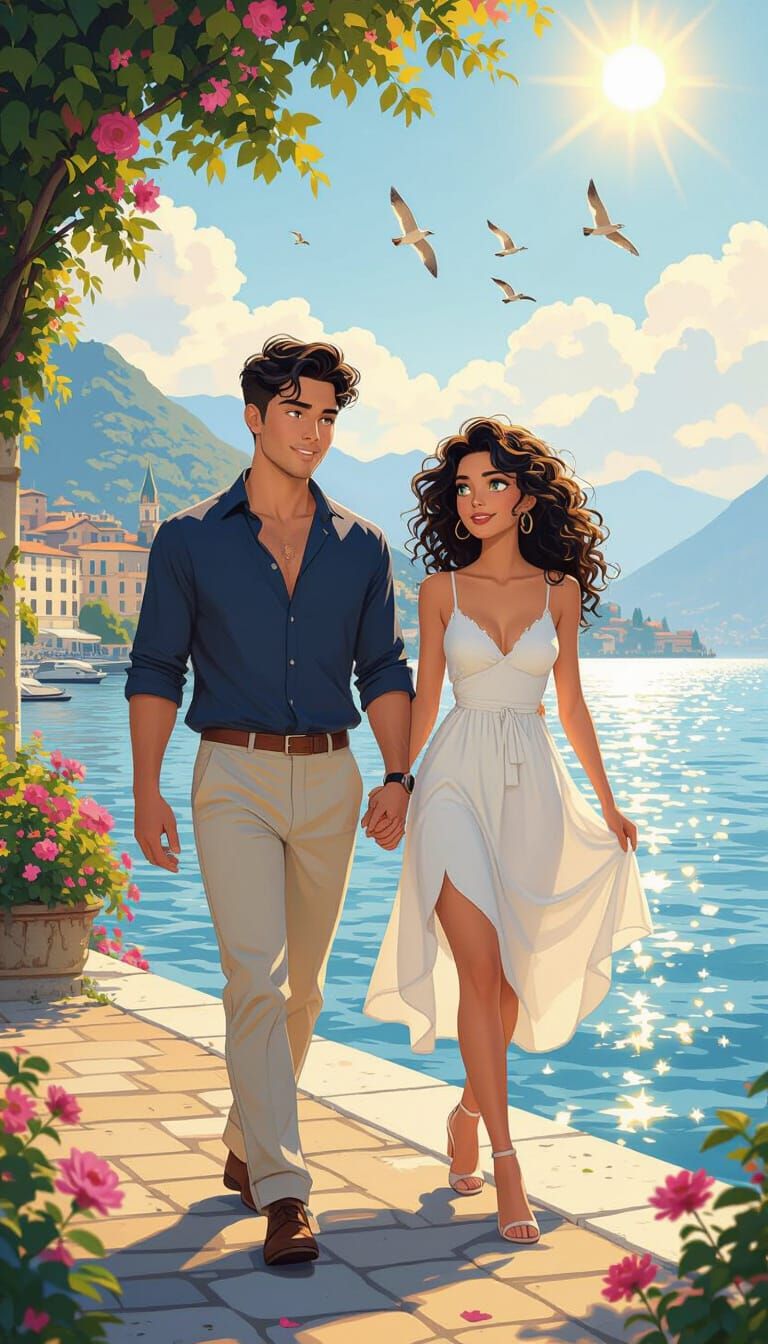 Lake Como Couple in Anime Style