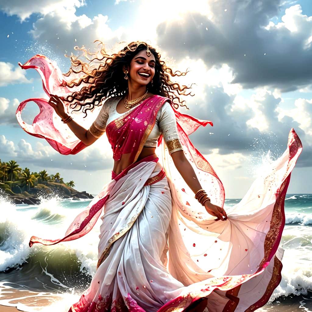 Girl in Pink Sari Dancing by the Sea