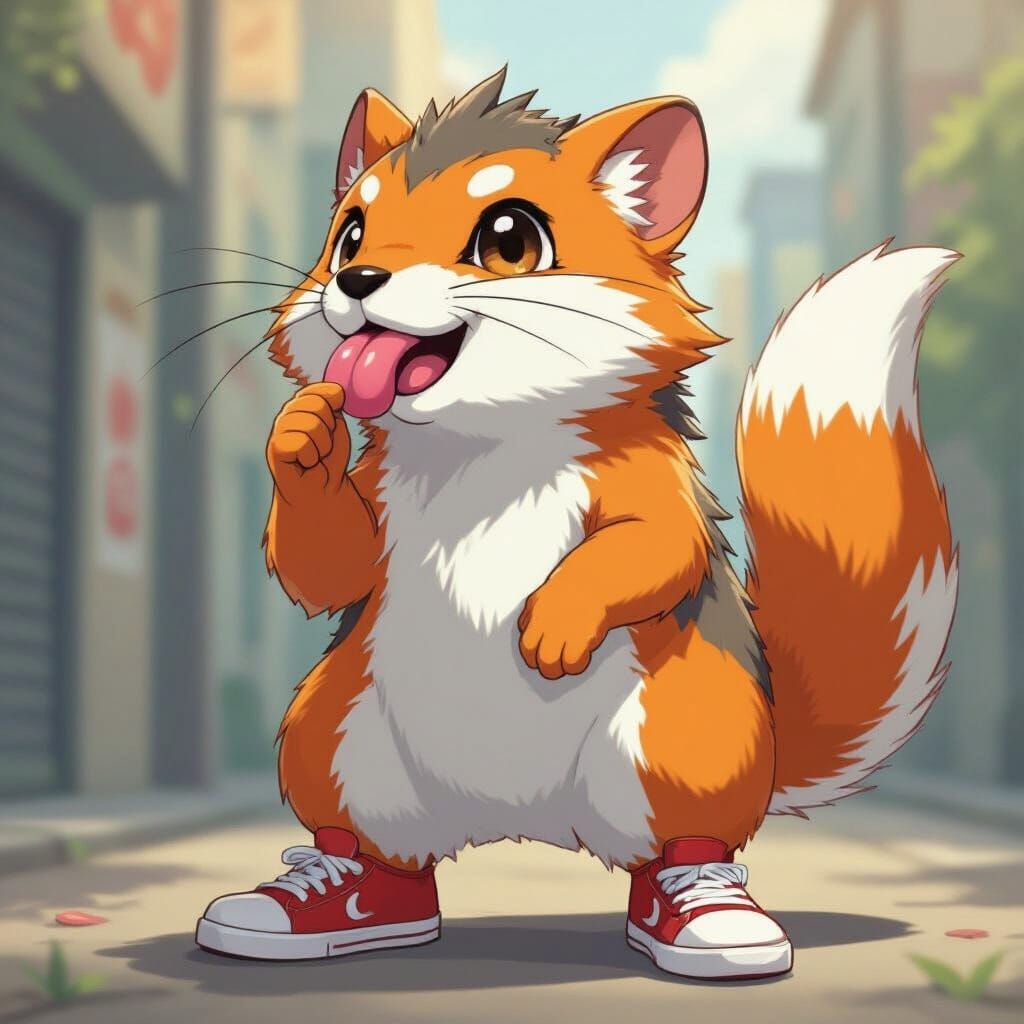 Shrew Character in Red Sneakers Licking Lips Anime Style