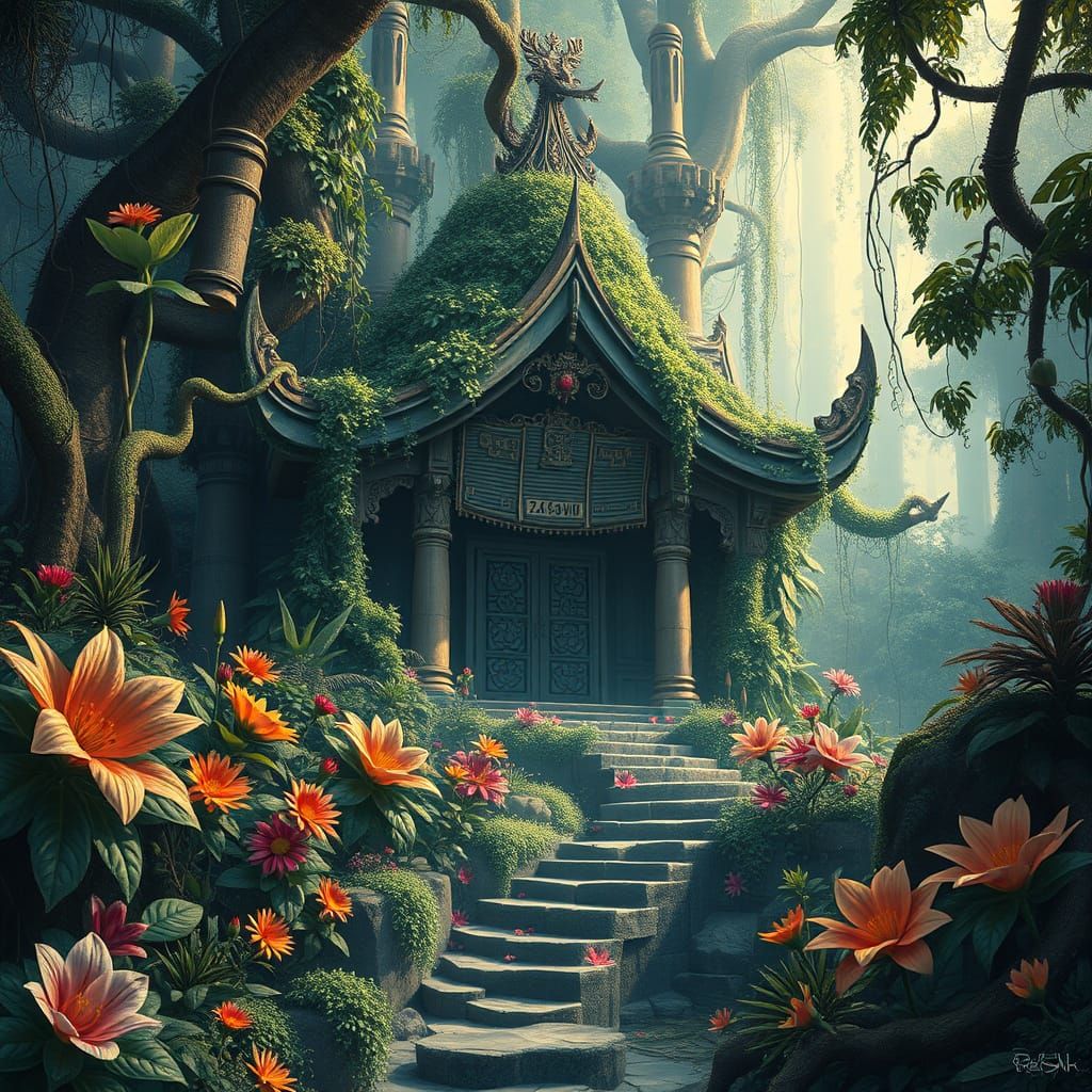 Mystical Jungle Shrine in Digital Painting Style