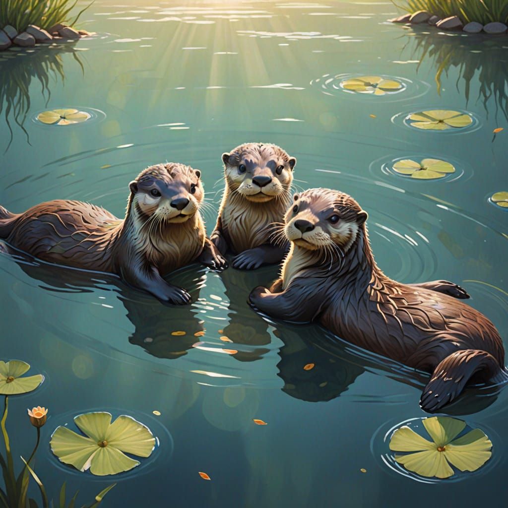 Otters in Serene Lake Setting