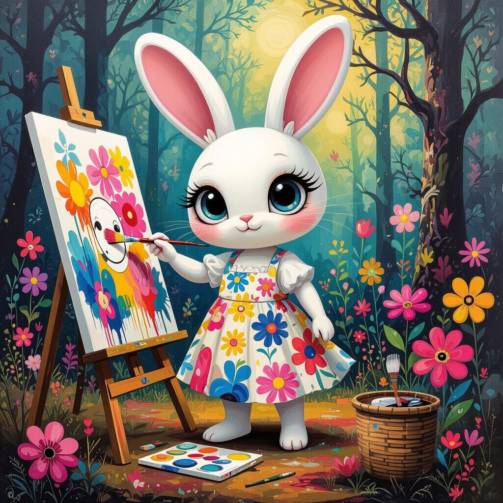 Bunny Painting Murals in Abstract Woodland - Pop Surrealism