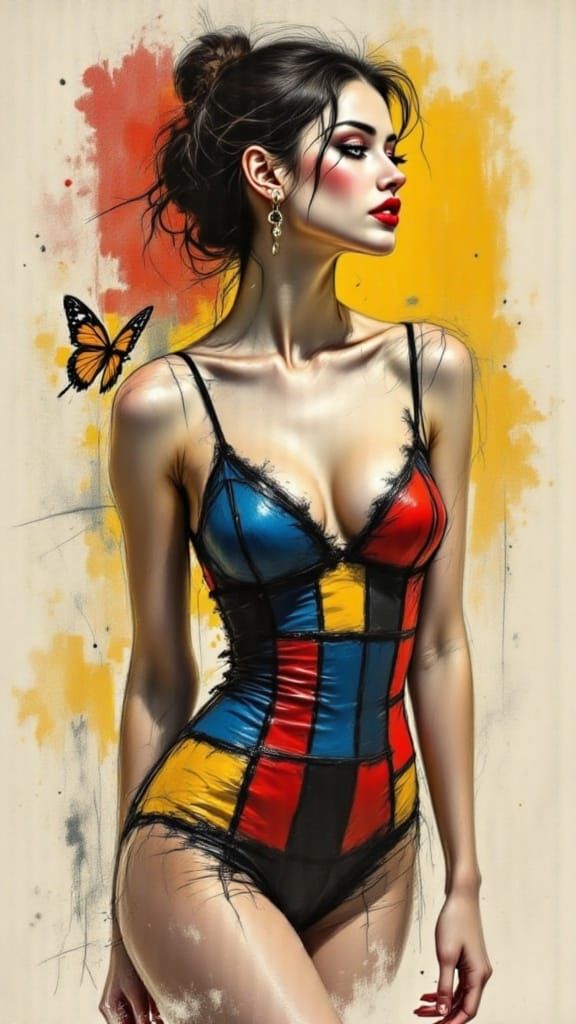 Dancer in Mondrian-Inspired Artwork with Butterfly and Charc...