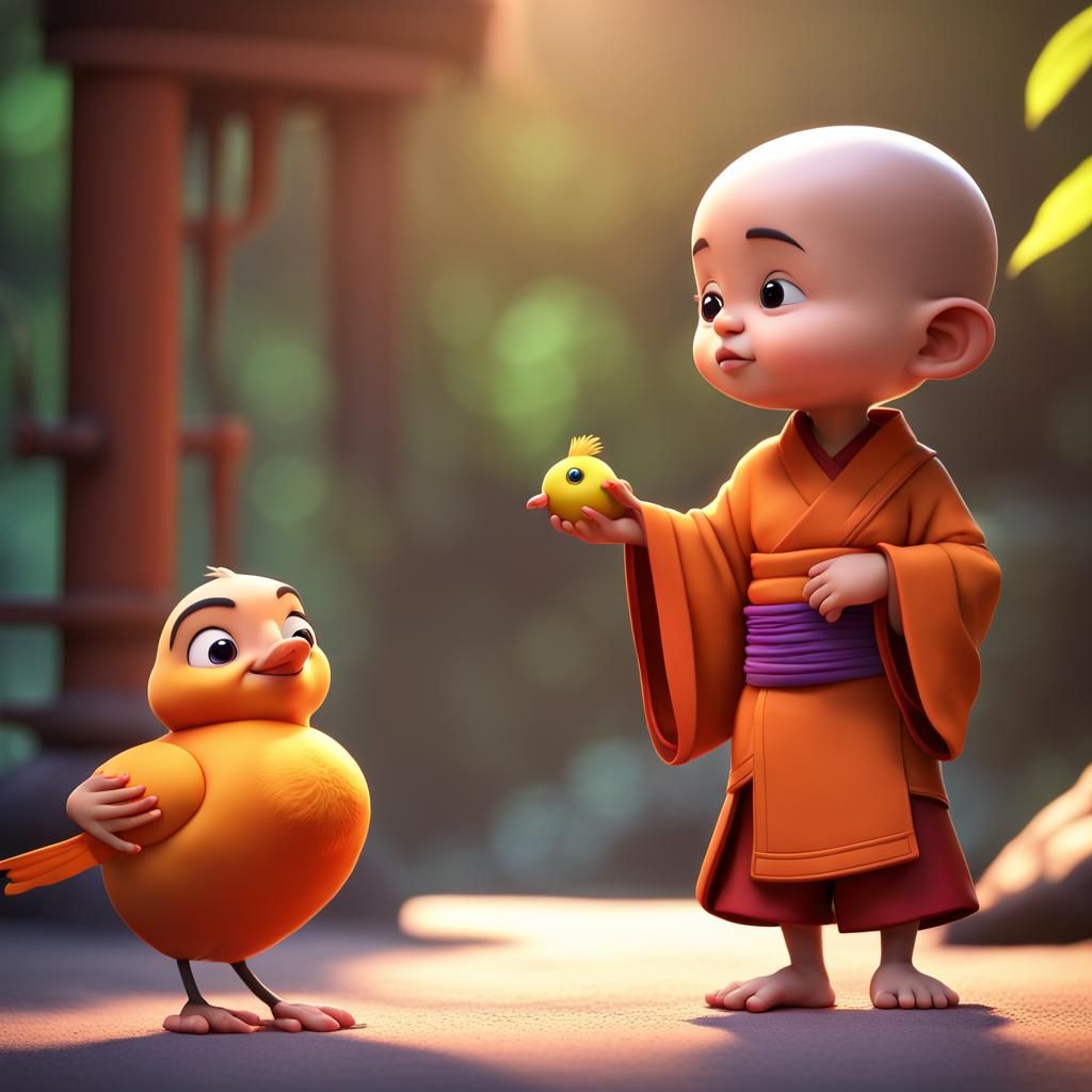 Cute Novice Monk and Bird: 3D Digital Art