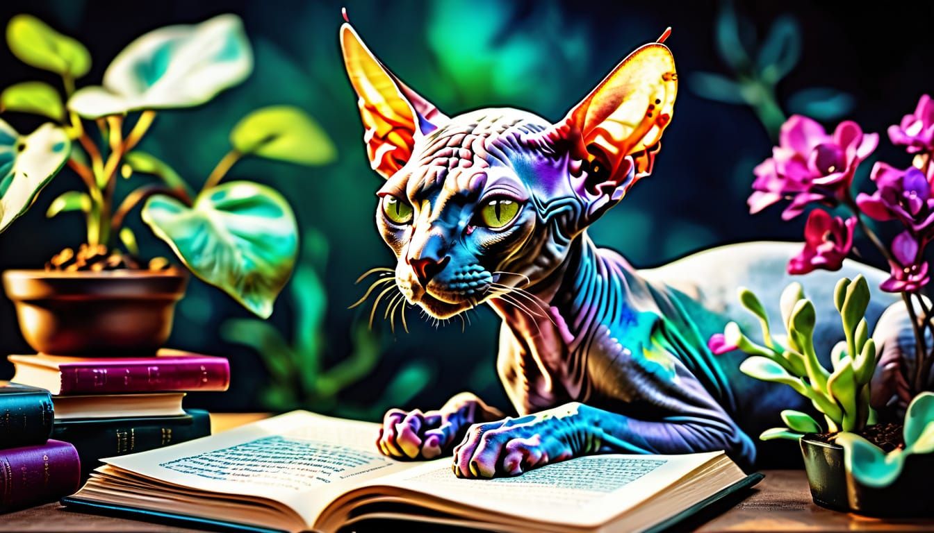 Sphynx Cat Relaxing with Books in Alcohol Ink Style