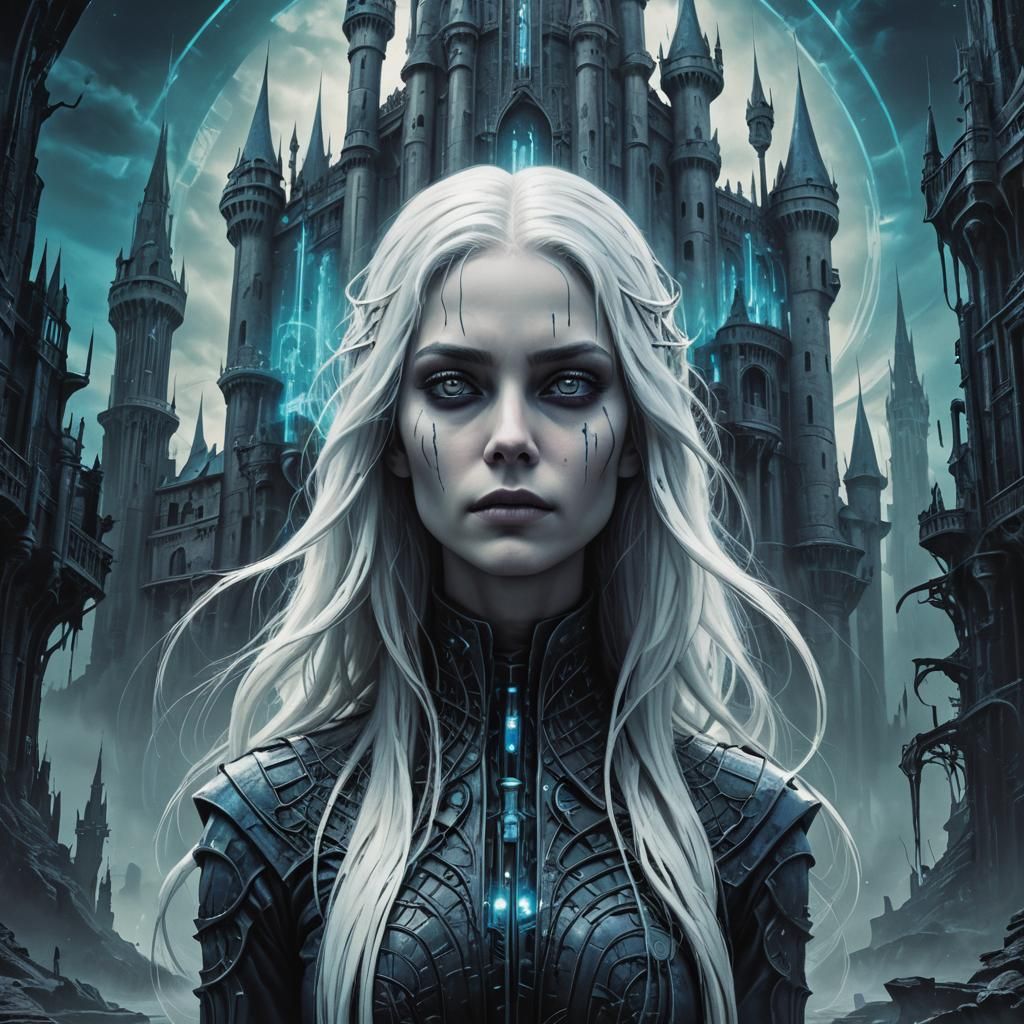 Dark Fantasy Woman in front of Quantum Castles
