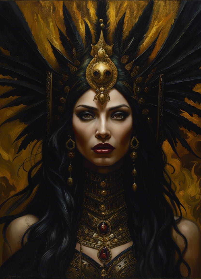 Evil Goddess with Golden Eyes in Dark Fantasy