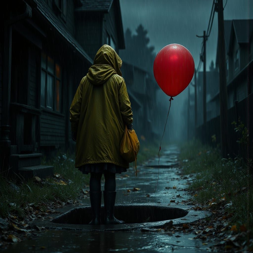 Coraline in Yellow Jacket Looks into Sewer with Red Balloon