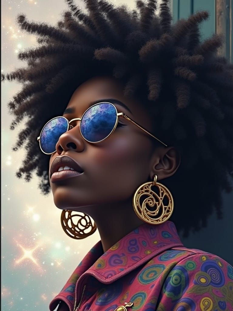 African Woman in Streetwear Chic Amidst Cosmic Galaxy