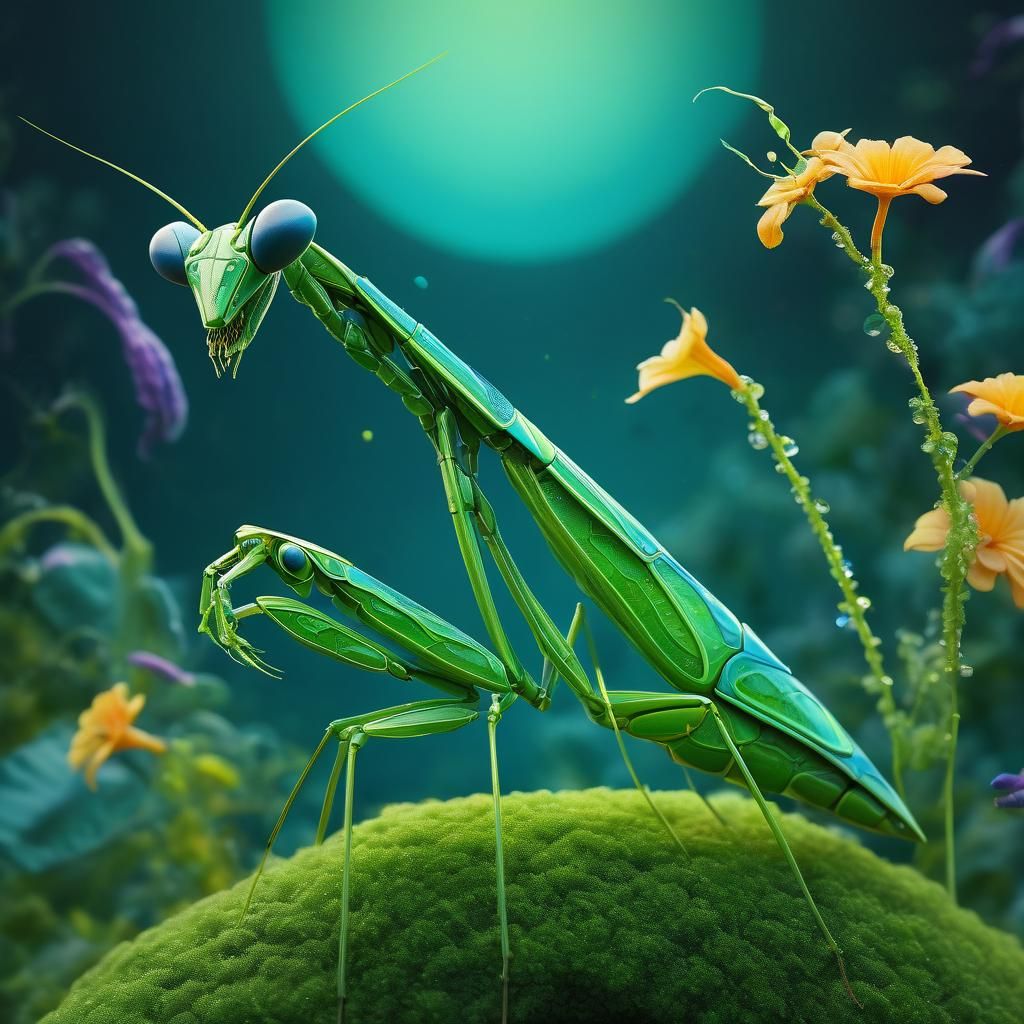 surreal fractal awkward mantis in fantastical flora, organic...