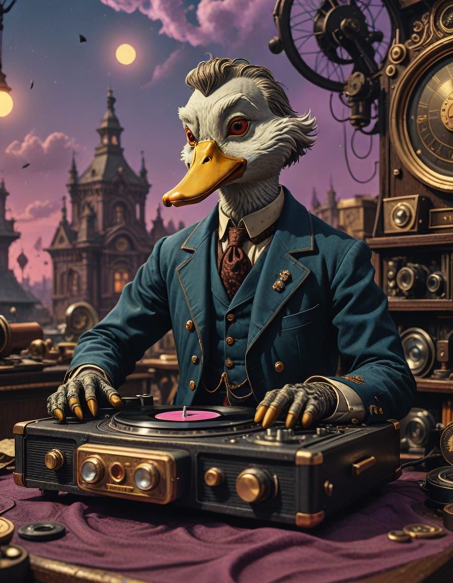 Steampunk Figure Amidst Record Player Chaos in Cinematic Fil...