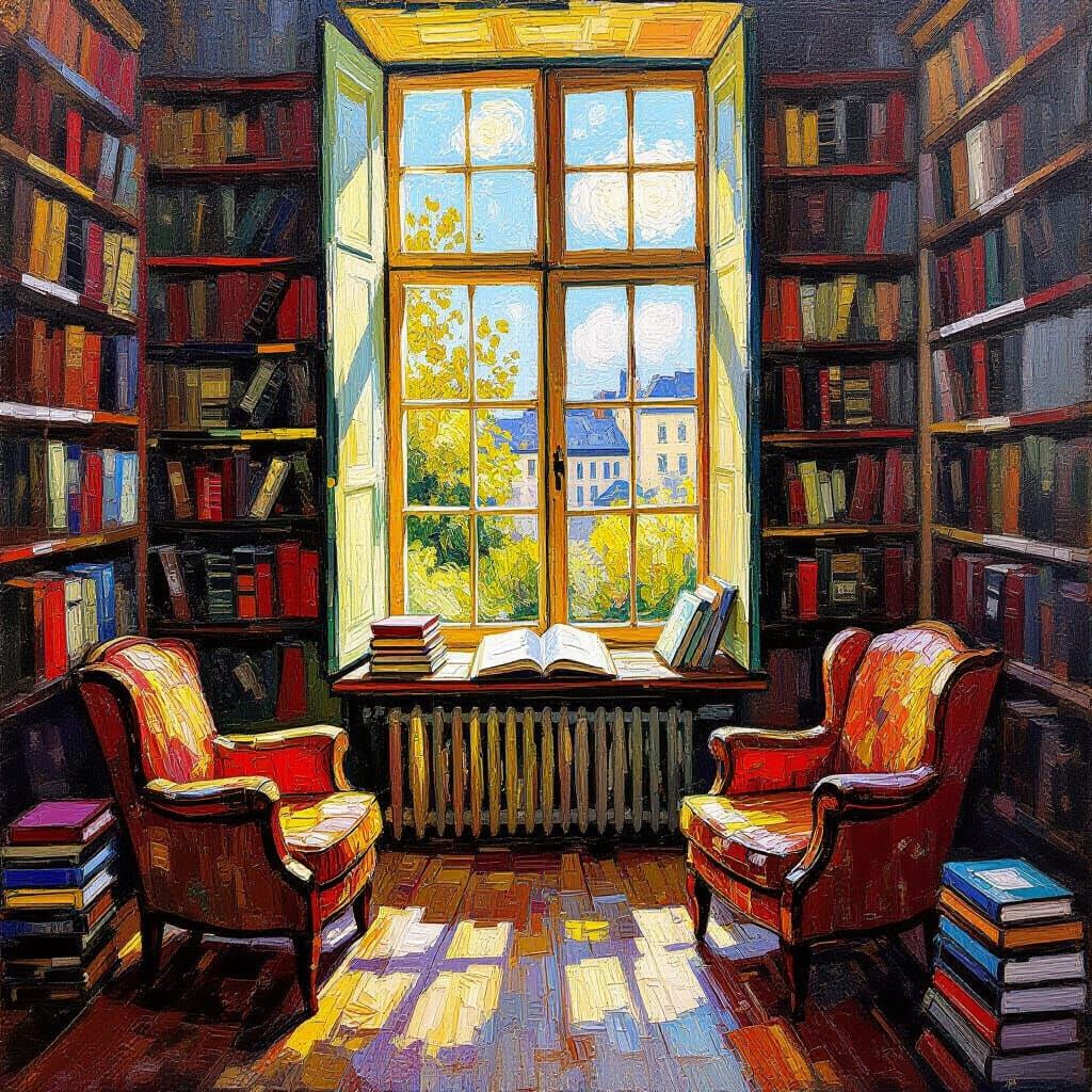 Cozy Library as Impasto Painting in Van Gogh Style