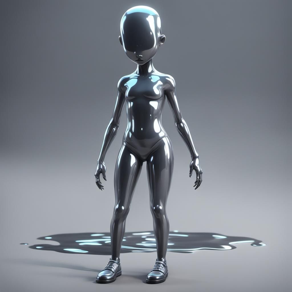 Grey Slime Girl with Liquid Metal Body in 3D