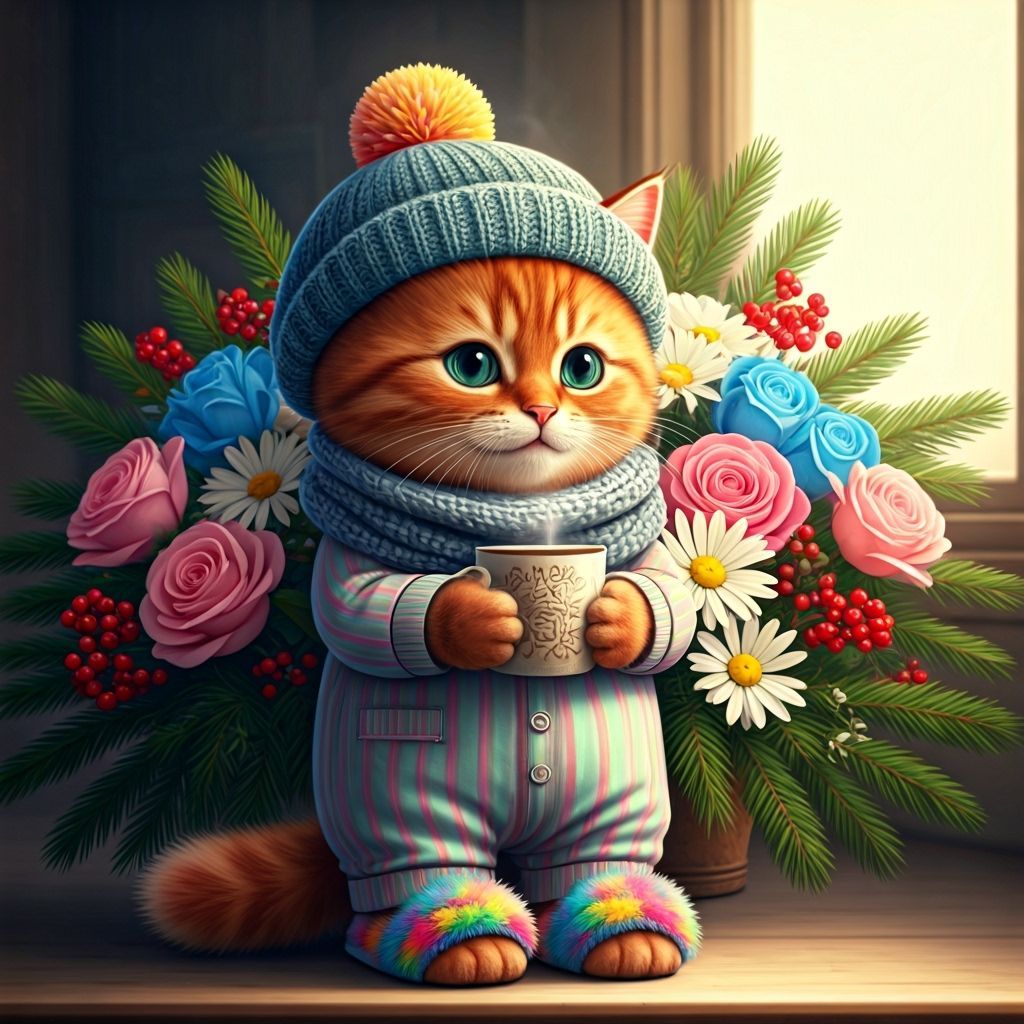 Adorable Kitten in Beret with Flowers, Hyper-Realistic 3D Ar...