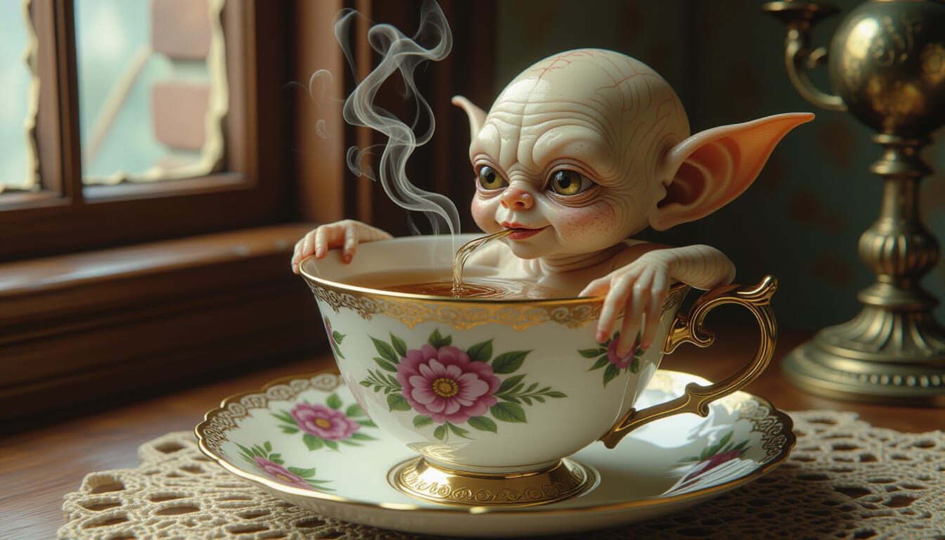 Steampunk Homunculus Sipping Tea in Grotesque Close-Up