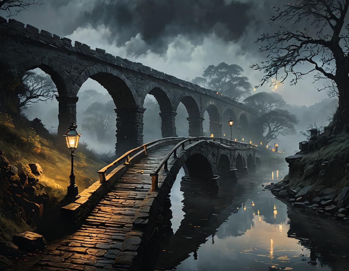 Ancient Bridge Over Misty River: Moody Oil Painting