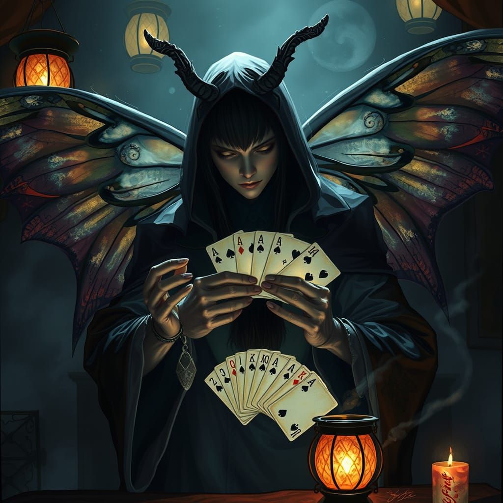 Moth-Winged Magician Performs Card Trick in Dark Fantasy Sty...