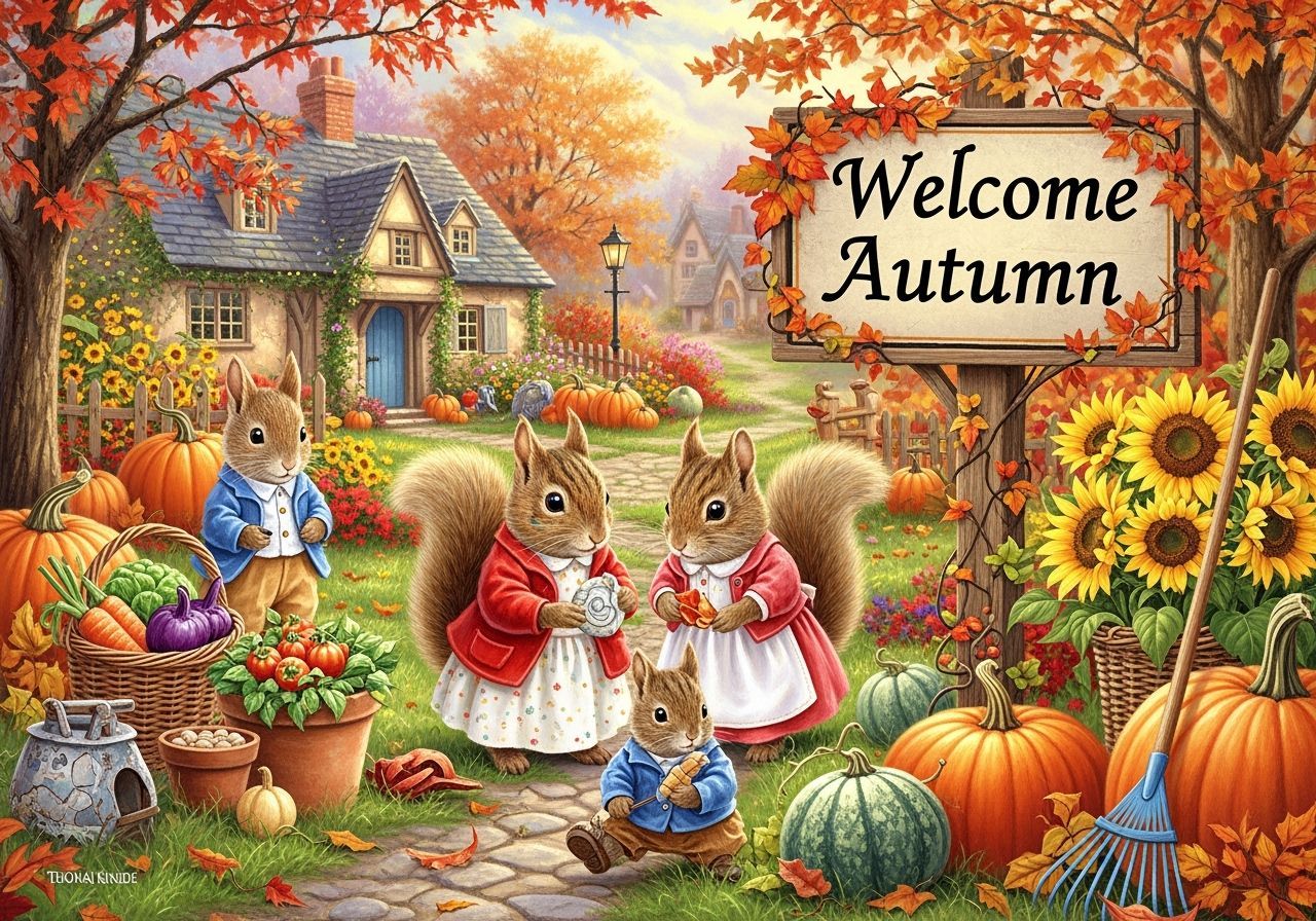 Cute Autumn Garden Scene with Beatrix Potter Animals